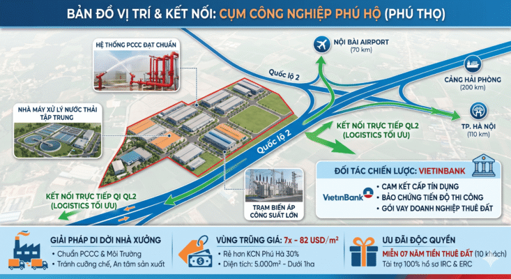 Bản đồ vị trí kết nối và giải pháp quy định di dời nhà xưởng ra khỏi khu dân cư tại Cụm công nghiệp Phú Hộ Phú Thọ